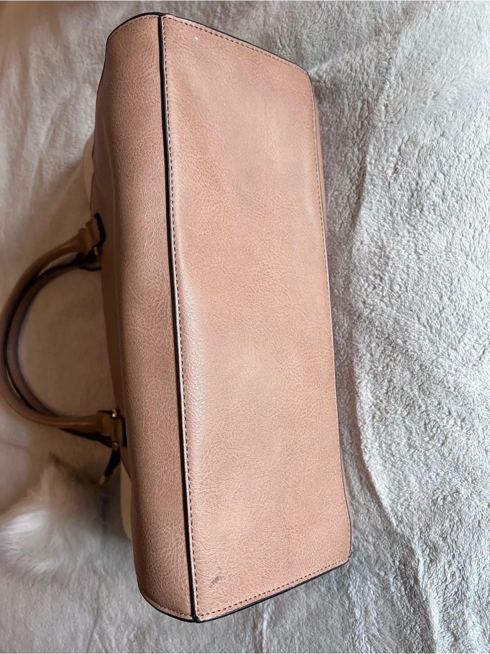 Adrienne Vittadini Taupe and Cream Shoulder Tote with Pom Charm Tan Work Bag